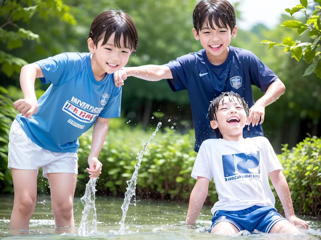 In the forest、 in the countryside、Swimming in the river、Bathing in water、水でGet wet all over、Cute eletary boy、Boy in gym clothes、The bottom of the white T-shirt is blue、Blue shorts、The boys are playing、Get wet all over、The laughter of boys can be heard from afar、Splashing Water、Japanese、(Boy 1.4)、high resolution、Highest quality