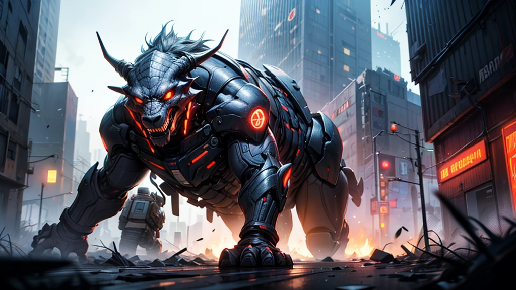 A massive, towering creature rampaging through a futuristic, cyberpunk city, people fleeing in terror, (best quality,8k,highres,masterpiece:1.2),ultra-detailed,(realistic,photorealistic,photo-realistic:1.37),cinematic dramatic lighting, dystopian sci-fi atmosphere, intricate architectural details, advanced technology, neon lights, smoke and debris, powerful energy effects, large scale destruction, intense action, fear and chaos