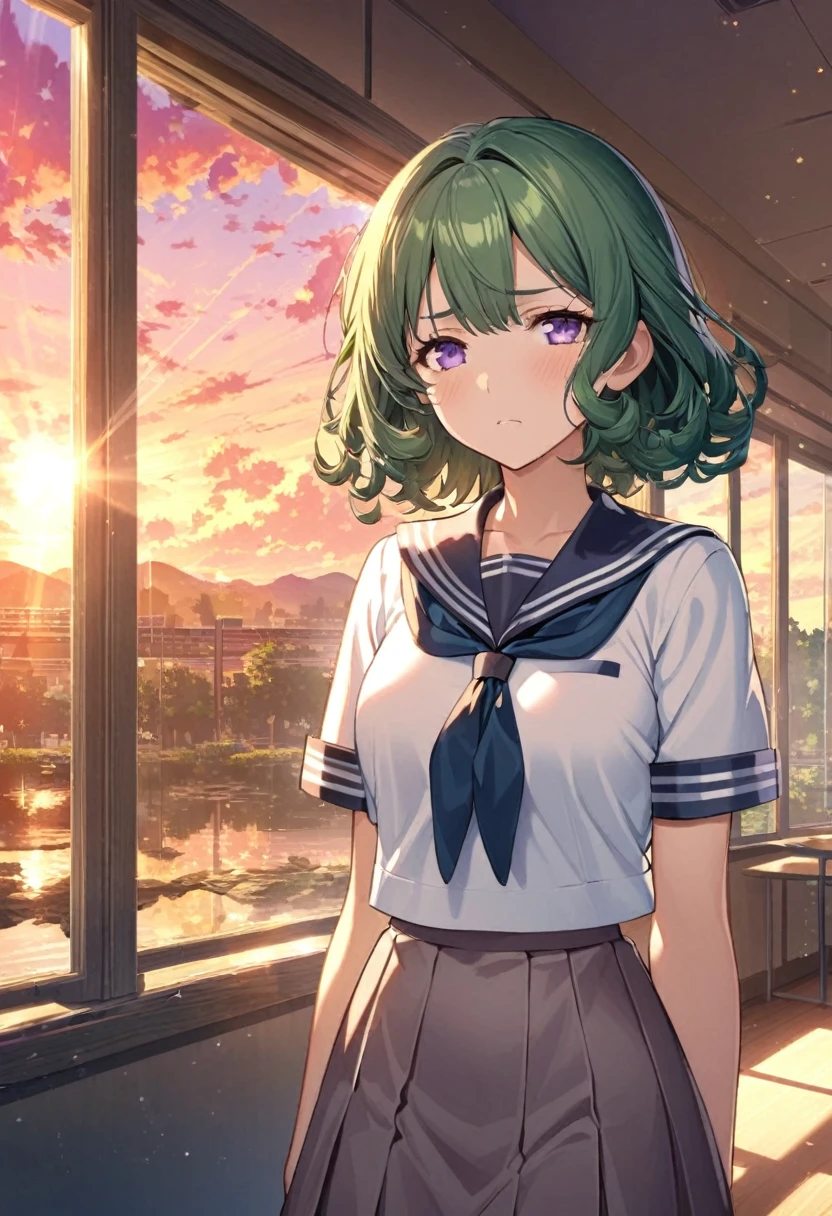 1 girl, Calm expression, Captivating eyes, short hair, Sailor uniform, calm posture, Porcelain-like skin, A faint blush, Golden Hour, (Rim Light):1.2, Warm tones, Solar flare, Soft Shadows, Vibrant colors, Dream-like atmosphere in the classroom , reflection, Sunlit clouds, Peaceful atmosphere, Beautiful sunset, Very detailed, Official Art, unity 8k wallpaper , Tangled, Mandala Green Hair、Purple Eyes、Slanted Eyes、Curly hair、Serious face