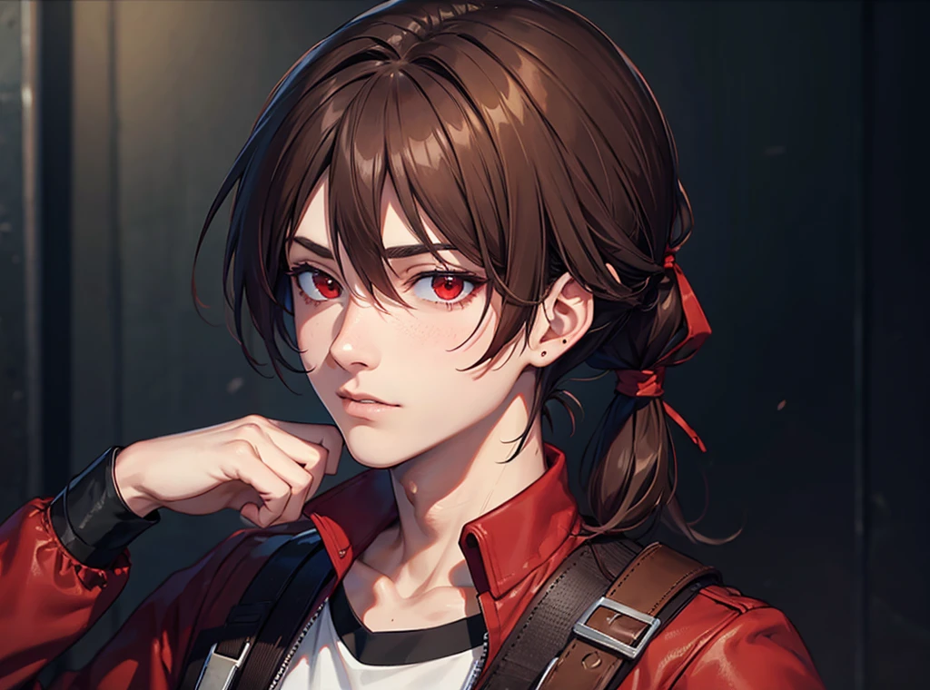 Male, brown hair, red eyes, pony tail, blood, nose bandage