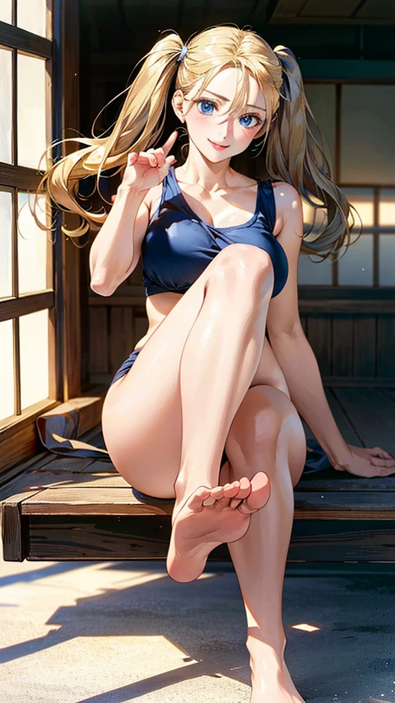 (masterpiece:1.3, Highest quality, Ultra-high resolution, Very detailed), (Realistic, photoRealistic:1.4), Beautiful illustrations, Perfect lighting, Natural light, colorful, Written boundary depth, NFSW,
View your viewers, 1 Girl, Japanese, high school girl, Perfect Face, Cute and symmetrical face, Shiny skin, Sunburned skin,
(Twin tails:1.5, Blonde), Hair between the eyes, blue eyes, (Large Breasts, seductive Thighs, Big Ass), Thighs, sum,
Beautiful Hair, Beautiful Face, Beautiful attention to detail, Beautiful clavicle, Beautiful body, Beautiful breasts, 美しいThighs, Beautiful feet, Beautiful fingers,
(Beautiful views), (Fighting pose), (Cammy), (Captivating smile,)