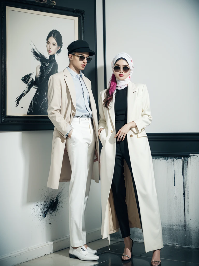 A captivating watercolor featuring a fashionably dressed man with an air of sophistication together with his stunningly, hijab,  beautiful female partner. He dons a casual yet elegant outfit, consisting of a tailored suit, a stylish hat, and a pair of sunglasses. She is dressed on white pants and elegant jacket with high heals. The background is a mesmerizing blend of ink splashes, creating a modern and artistic atmosphere. The playful ink splatters intermingle with the painting's splendor, showcasing a harmonious balance between style and creativity. The couples confident pose and the artist's skillful brushwork come together to create an image of unrivaled elegance and refinement., illustration, fashion, painting, photo