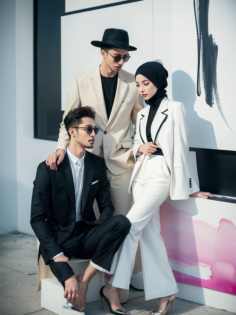 A captivating watercolor featuring a fashionably dressed man with an air of sophistication together with his stunningly, hijab,  beautiful female partner. He dons a casual yet elegant outfit, consisting of a tailored suit, a stylish hat, and a pair of sunglasses. She is dressed on white pants and elegant jacket with high heals. The background is a mesmerizing blend of ink splashes, creating a modern and artistic atmosphere. The playful ink splatters intermingle with the painting's splendor, showcasing a harmonious balance between style and creativity. The couples confident pose and the artist's skillful brushwork come together to create an image of unrivaled elegance and refinement., illustration, fashion, painting, photo