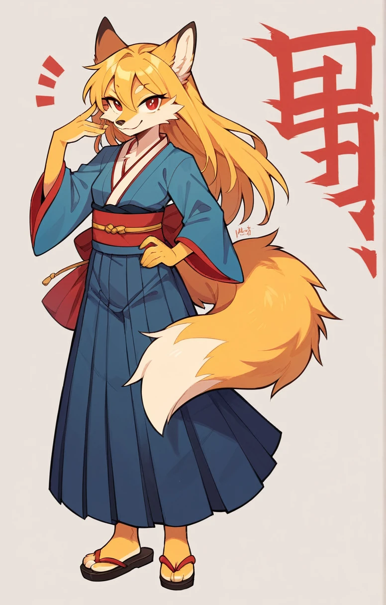 (full body,,The left hand is on the hip),((The right hand is out in front,Fluffy tail,,)),small breasts,Adult female fox,One Girl, Furry, Golden fur, Golden facial fur, long golden hair, The hair on his hands is golden, Golden yellow hair on the back of the hand, Light-filled eyes, Red eyes, Brown elements of fur,(Dark blue kimono,Dark blue hakama),Very fine fur, Fluffy tail,Smiling mouth