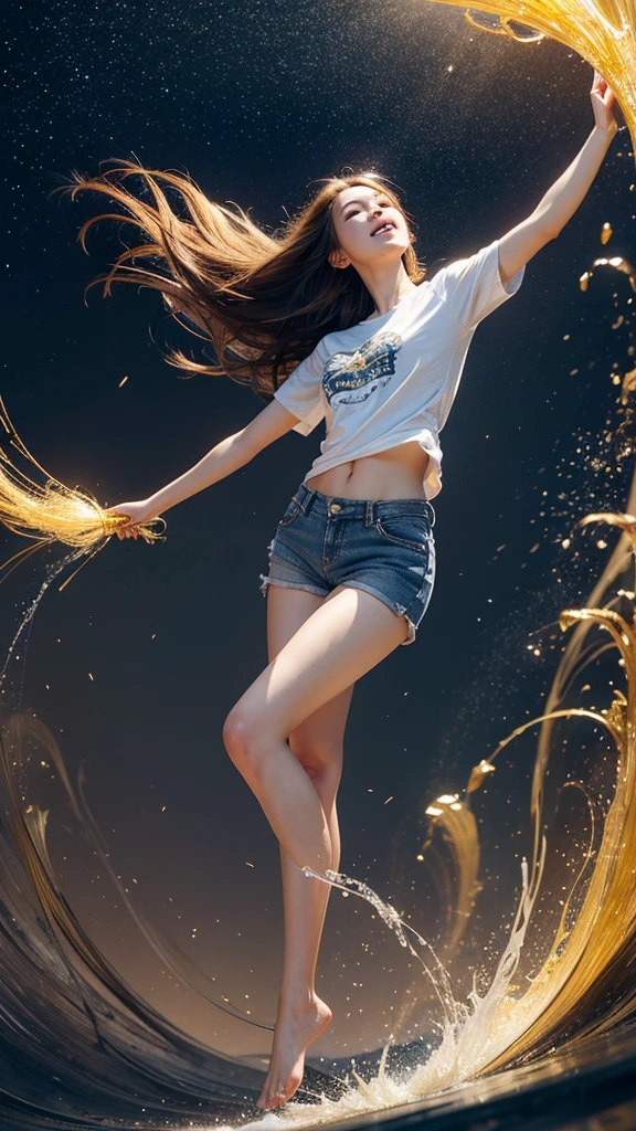 A hyper-realistic digital CG artwork from a low angle depicts a barefoot girl floating in mid-air above the ground. The light reflects the imagination of her destiny. The character has long, flowing hair that extends sideways. She wears a white T-shirt and sparkling denim shorts, radiating joy. The stunning artwork on the screen begins to show the wind blowing through her shirt as she spreads her arms wide. A golden aura, like a powerful stream, bursts from behind her, spreading out in intricate golden water patterns. It is a marvelously realistic piece with a mystical artistic vibe.

The surreal golden water background features patterns that convey emotions and swirl around the character, adding vibrancy and movement to the entire scene.