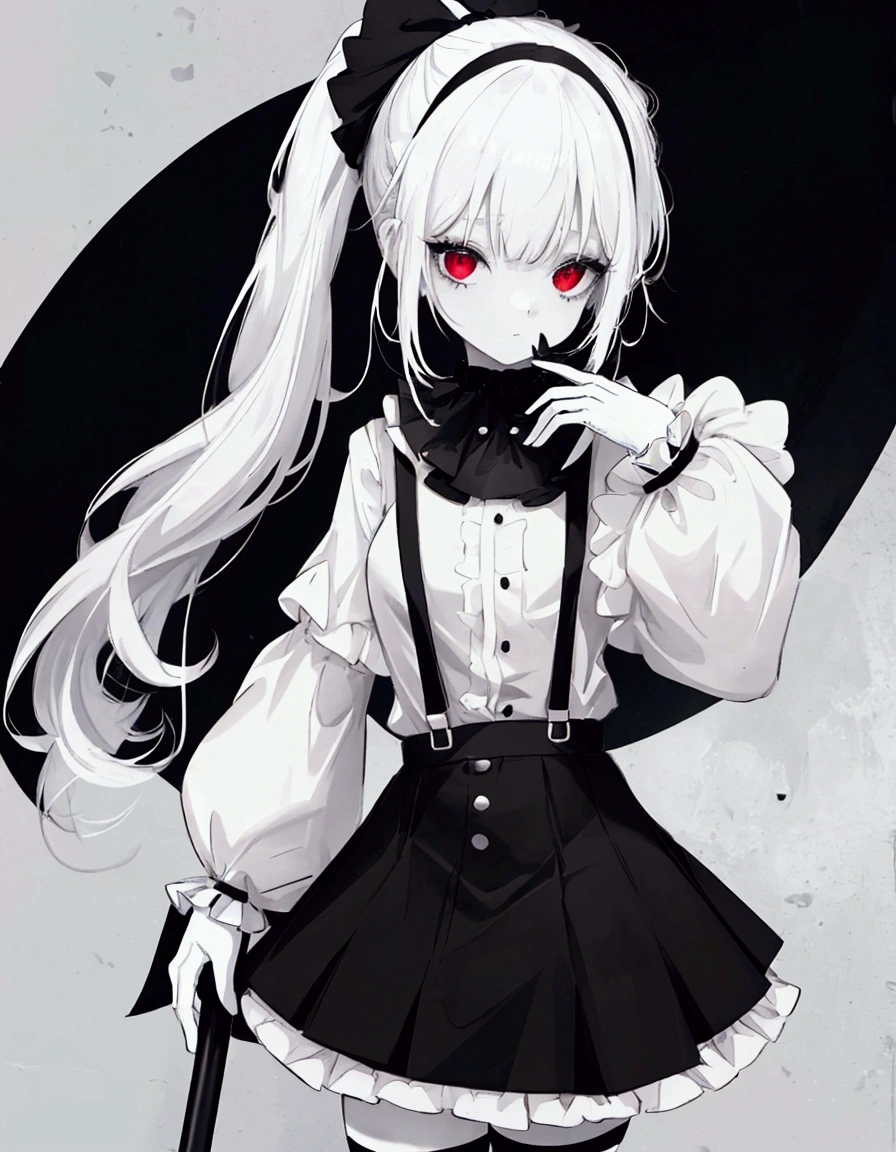 1 girl ((clown girl)), ((clown)), White hair, pale skin, two long pony tails black and white, one white ponytail, one black ponytail, black skirt with layers down,white shirt, black suspenders with the skirt, black buttons on the shirt, white sleeves, black gloves, clown make up, red eyes, a black big hammer, black and white shoes
