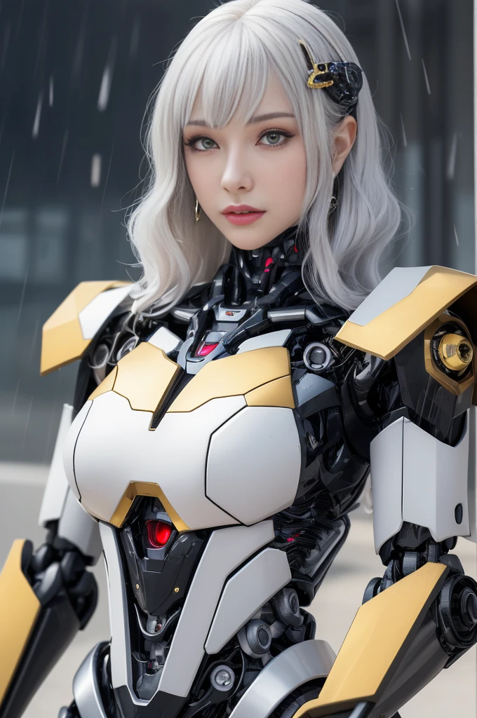 Super Detail, High Detail, high quality, best quality, High resolution,1 female robot,Beautiful female robot,beautiful clear face(Rain waves_haneame:1.5), Realistic, High resolution, Soft Light,Hips up, (Detailed face), silver hair, long hair, Mecha Maiden, Colorful mechanical parts, mechanical joint, Thick mechanical armor,Weaponry, All metal body(Mainly black,A little bit of red and gold accents), Technology Antenna Hair Accessories