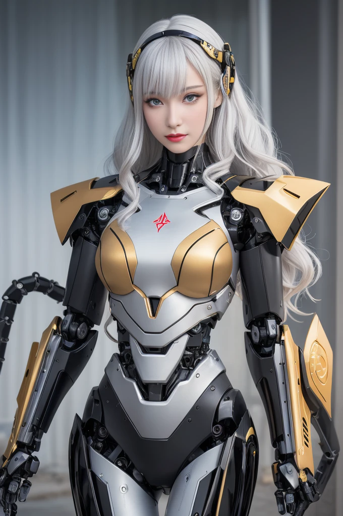 Super Detail, High Detail, high quality, best quality, High resolution,1 female robot,Beautiful female robot,beautiful clear face(Rain waves_haneame:1.5), Realistic, High resolution, Soft Light,Hips up, (Detailed face), silver hair, long hair, Mecha Maiden, Colorful mechanical parts, mechanical joint, Thick mechanical armor,Weaponry, All metal body(Mainly black,A little bit of red and gold accents), Technology Antenna Hair Accessories