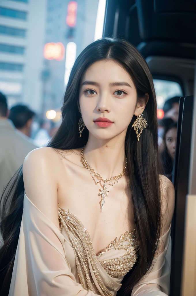 (((best quality))),(((ultra detailed))),(((masterpiece))),illustration,((1girl,gorgeous female model,solo)),((earrings,crystal necklace)),((slim,thin)),((small breasts,flat chest)),(standing:1.3),(beside a sleek futuristic car:1.3),(glamorres sparkled gown:1.3),intricate embellishments,drop-dead gorgeous,(shoulder length straight hair:1.2),vibrant piercing eyes,delicate facial features,rosy cheeks,parted res lips,confident allure,beauty grace,intricate patterns,shimmering fabric,elegant draping,complementary skin tone,radiates beauty,allure,sleek streamlined design,futurism,smooth curves angles,ambient lighting,ethereal aura,intricate patterns,LED lights,glow,sea of activity,(surrounded by crowded crowds:1.3),examine cars,electric atmosphere,cyberpunk style,excitement anticipation,energy palpable,enthusiasm future automobiles,modern elegance,technological innovation,captivating vibrant scene,invite viewers step into future,embrace beauty,((from front,upper body))