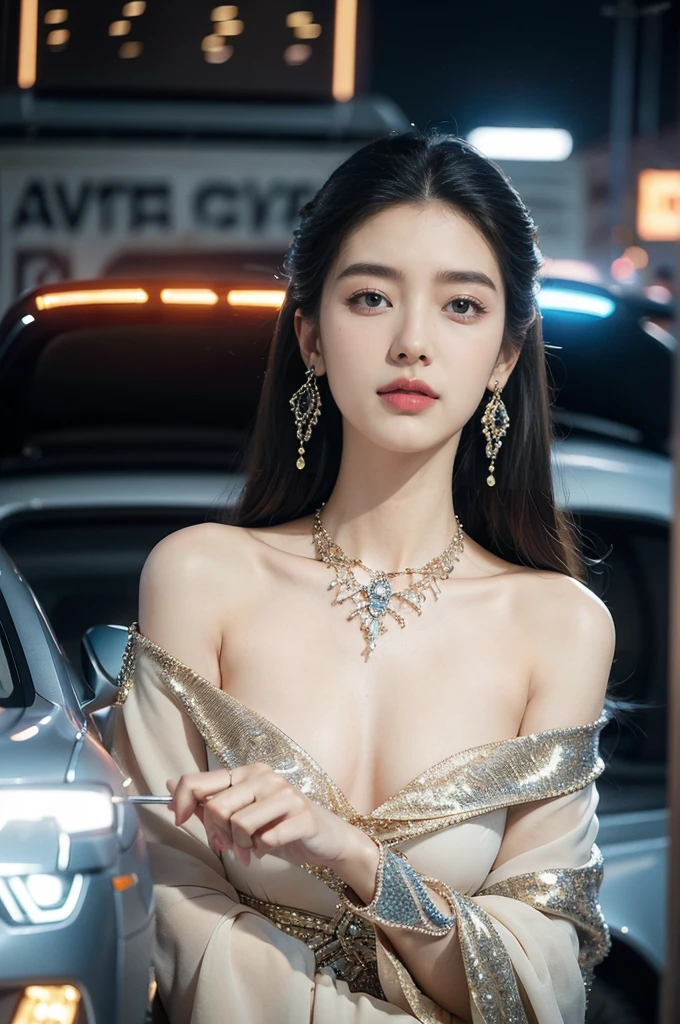 (((best quality))),(((ultra detailed))),(((masterpiece))),illustration,((1girl,gorgeous female model,solo)),((earrings,crystal necklace)),((slim,thin)),((small breasts,flat chest)),(standing:1.3),(beside a sleek futuristic car:1.3),(glamorres sparkled gown:1.3),intricate embellishments,drop-dead gorgeous,(shoulder length straight hair:1.2),vibrant piercing eyes,delicate facial features,rosy cheeks,parted res lips,confident allure,beauty grace,intricate patterns,shimmering fabric,elegant draping,complementary skin tone,radiates beauty,allure,sleek streamlined design,futurism,smooth curves angles,ambient lighting,ethereal aura,intricate patterns,LED lights,glow,sea of activity,(surrounded by crowded crowds:1.3),examine cars,electric atmosphere,cyberpunk style,excitement anticipation,energy palpable,enthusiasm future automobiles,modern elegance,technological innovation,captivating vibrant scene,invite viewers step into future,embrace beauty,((from front,upper body))