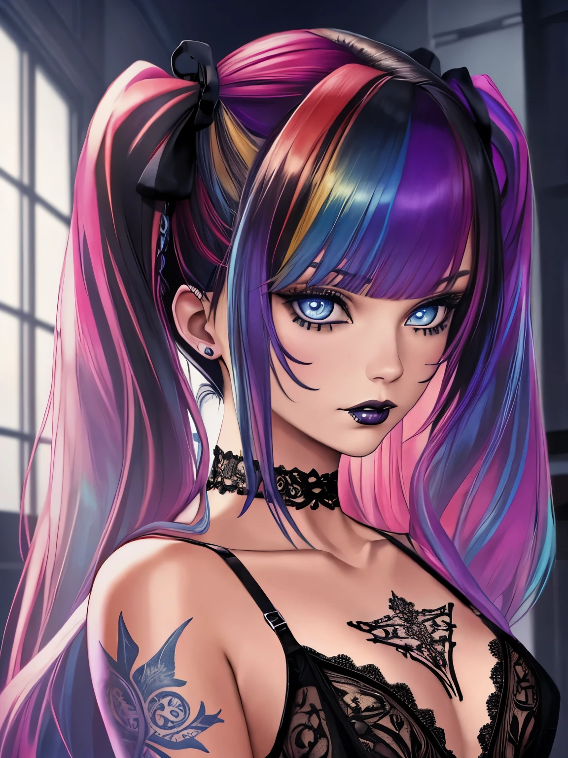 (masterpiece), (extremely intricate:1.3), (realistic), 1girl, solo, goth, rainbow hair, twintails, bangs, detailed blue eyes, portrait, looking at viewer, indoors, lingerie, tattoos, choker