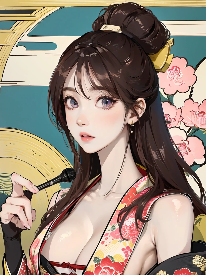 (Highest quality、 8k 、masterpiece、High resolution)、(whole body)、Vibrant colors、Brown-black bob、Traditional topknot、Ample breasts、(Highly detailed face and eyes,Beautiful Face,Beautiful Eyes,Beautiful nose,Pretty lips)、Official Art、Ukiyo-e style、 (Beautiful woman in kimono)、(Vivid floral patterned kimono)、background、river、bridge、Mountain、wood、Starry Sky、moon、plum、Lantern、Detailed CG、