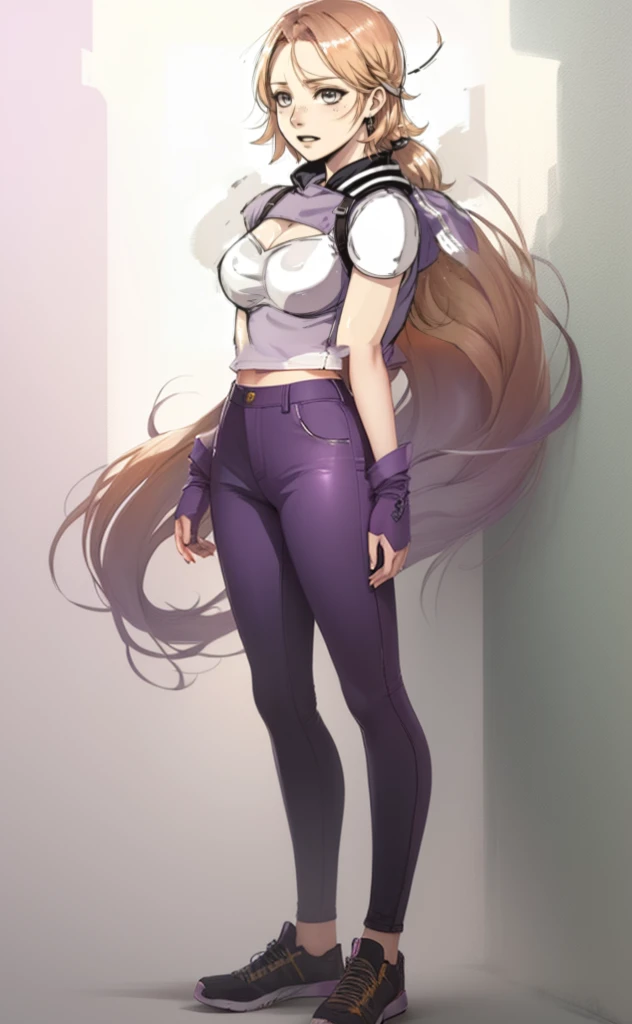 anime girl with a long hair, female anime character, highly detailed exquisite fanart, high quality fanart, high quality colored sketch, anime character, light puple clothes, black long pants, purple pattren in pants, purple shoes, standing, brown hair