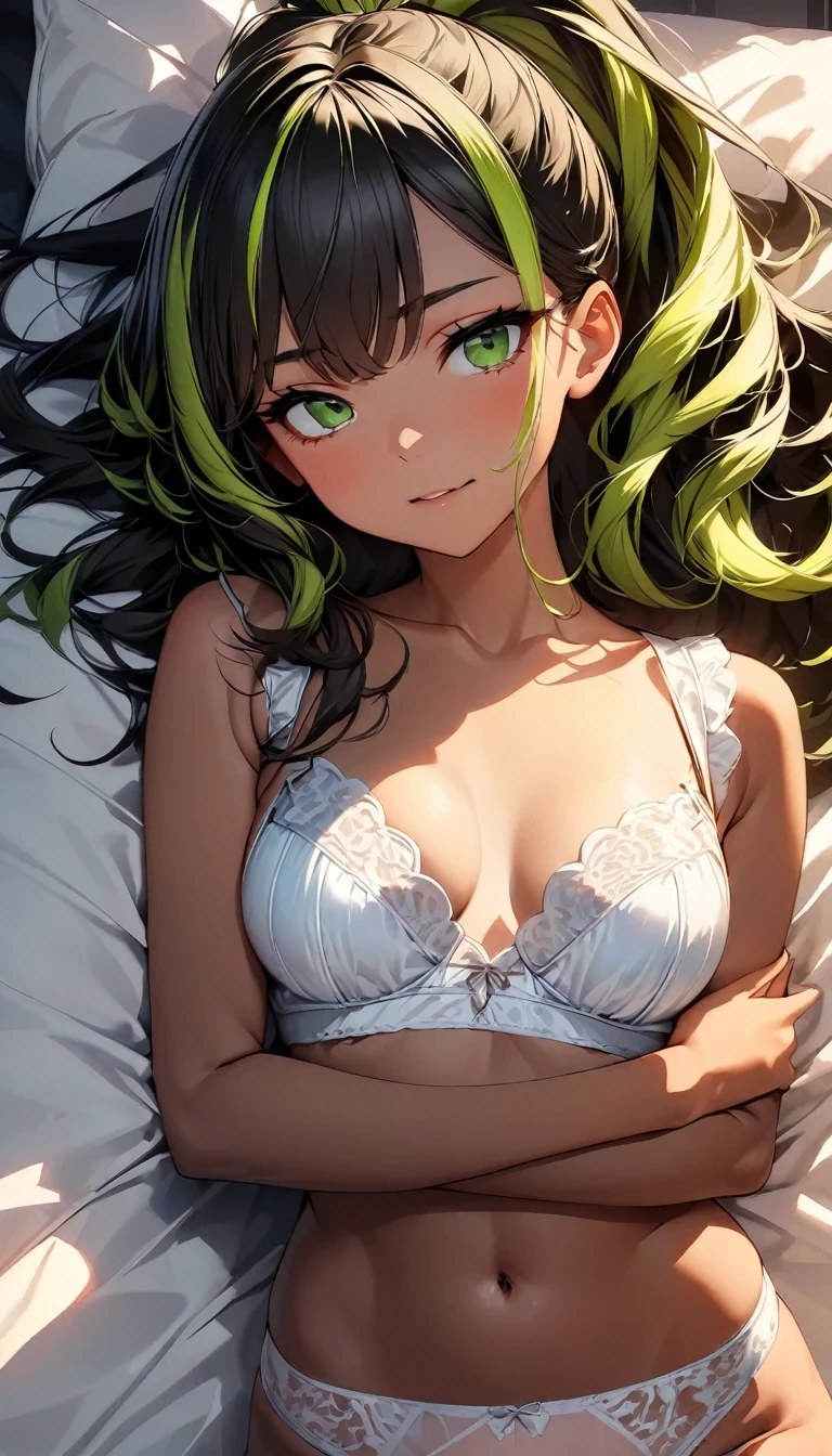 (highest quality:1.2, Very detailed, up to date, Vibrant, Ultra-high resolution, High Contrast, masterpiece:1.2, highest quality, Best aesthetics), Portraiture、girl、((25 years old:1.5)), (slim:1), ((25 years old:1.3)), (see-through bra, see-through panties:1), long hair、lying on bed, sexy pose, ponytail, white and yellow green ((streaked hair:1.6)), highlights hair: 1.5, (small breast,:1) (tan skin:1.1), Bright colors、Beautiful fine details、Beautiful lip detail、cowboy shot, look at viewer