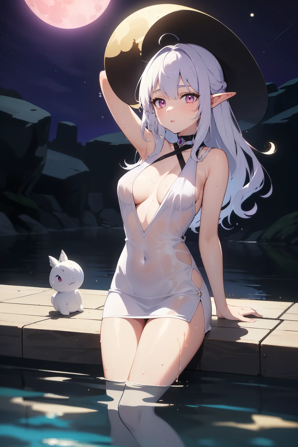 Elf, White hair, Bright pink eyes, black bodycon with gold stripes, Purple witch hat, (Beautiful shadows, There is a purple moon in the background, purple light shines on the character), (beautiful shaders), (character underwater), wet clothes, wet hair, floats in water, raised her head up, moon in the reflection of the eye, no bra