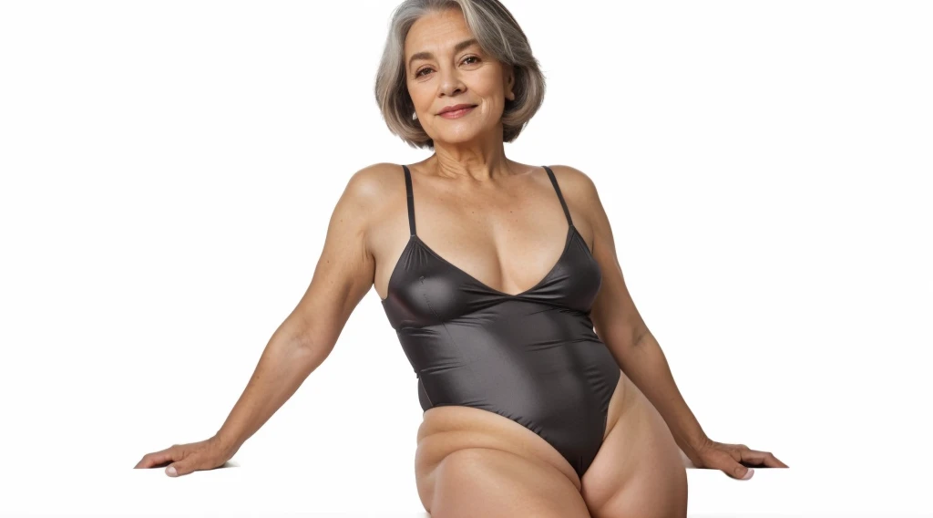mulher arafa em um May cinza posando para uma foto, chrome May, thin May, May, she is about 7 0 years old, she is about 6 0 years old, está vestindo um May, vestindo malha, ela tem cerca de 50 anos, em May retrô, platinum skin, older woman, 70 years old