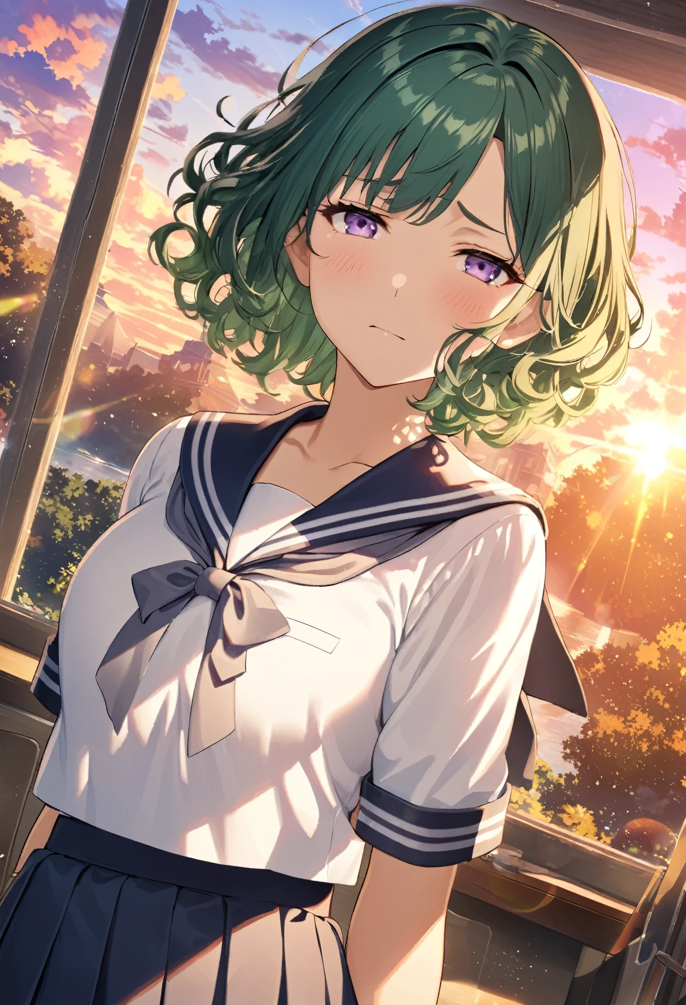 1 girl, Calm expression, Captivating eyes, short hair, Sailor uniform, calm posture, Porcelain-like skin, A faint blush,  Golden Hour, (Rim Light):1.2, Warm tones, Solar flare, Soft Shadows, Vibrant colors,  Dream-like atmosphere in the classroom , reflection, Sunlit clouds, Peaceful atmosphere, Beautiful sunset, Very detailed, Official Art, unity 8k wallpaper , Tangled, Mandala Green Hair、Purple Eyes、Slanted Eyes、Curly hair、Serious face