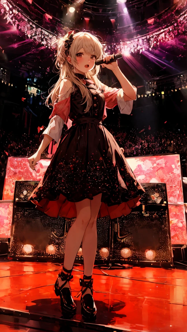 Very cute and beautiful K-POP female singers, Sing on the Gondola Live Stage, Singing with an intercom wireless microphone､No microphone required,Singing scene, Dress scene, Looking at the audience, Representing the singer in bright colors, Representing the singer&#39;Colorful dresses, Representing the singer&#39;Warm colours、Photographed from the front、Full body portrait