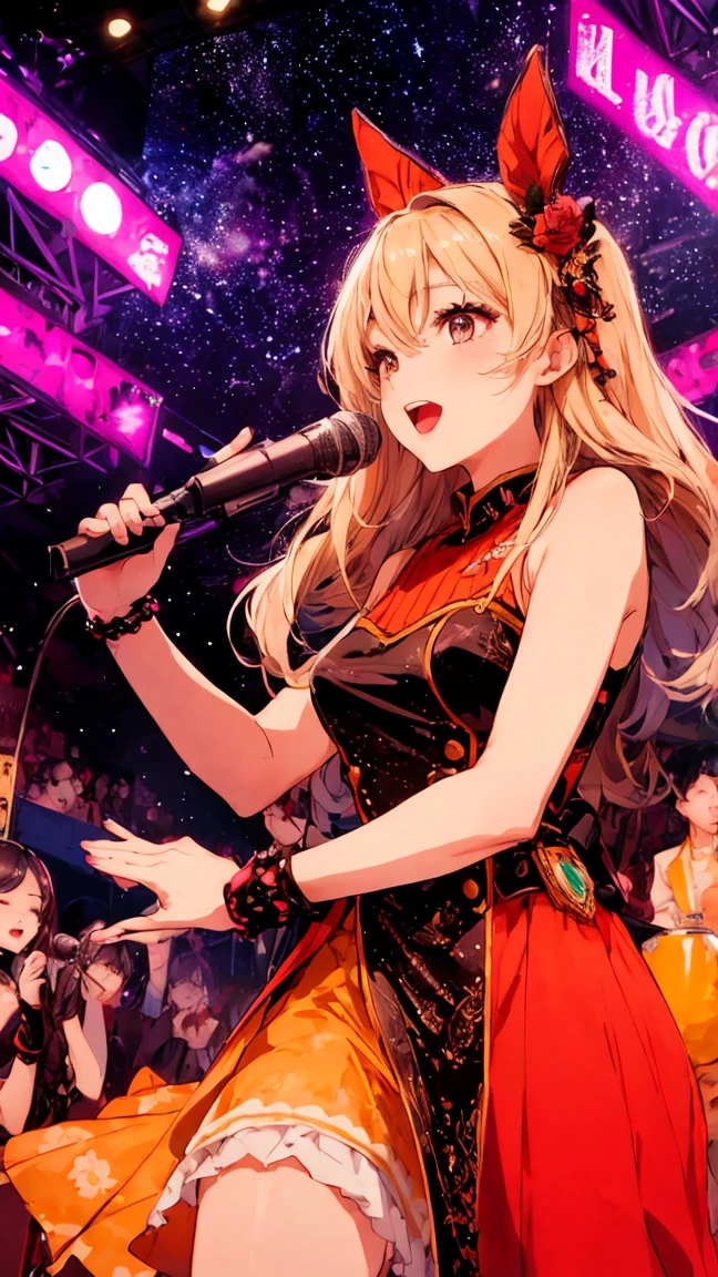 Very cute and beautiful K-POP female singers, Sing on the Gondola Live Stage, Singing with an intercom wireless microphone、No microphone required,Singing scene, Dress scene, Looking at the audience, Representing the singer in bright colors, Representing the singer'Colorful dresses, Representing the singer'Warm colours、Photographed from the front、Full body portrait