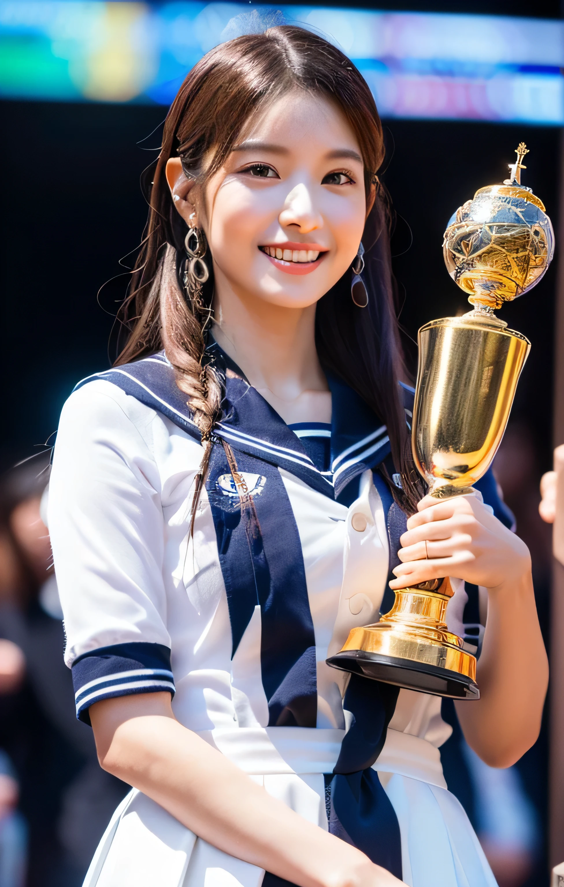 (high quality, masterpiece, 8k, (masterpiece, photorealistic:1.5), (masterpiece, ultra high resolution:1.5), (masterpiece, best quality, ultra-detailed:1.5), 1 beautiful girl, 1girl, beautiful detailed eyes, beautiful detailed lips, extremely detailed face, long eyelashes, full body, kind smile, japanese sailor uniform cosplay, convenience store, holding a trophy, intricate details, natural lighting, soft shadows, vibrant colors, elegant pose, cinematic composition, highly detailed, award winning, stunning character, breathtaking language, flawless friendly feeling, cowboy_shot, Best-comedian-award, Asia A.I. Art Awards 2025) #AAAA2025