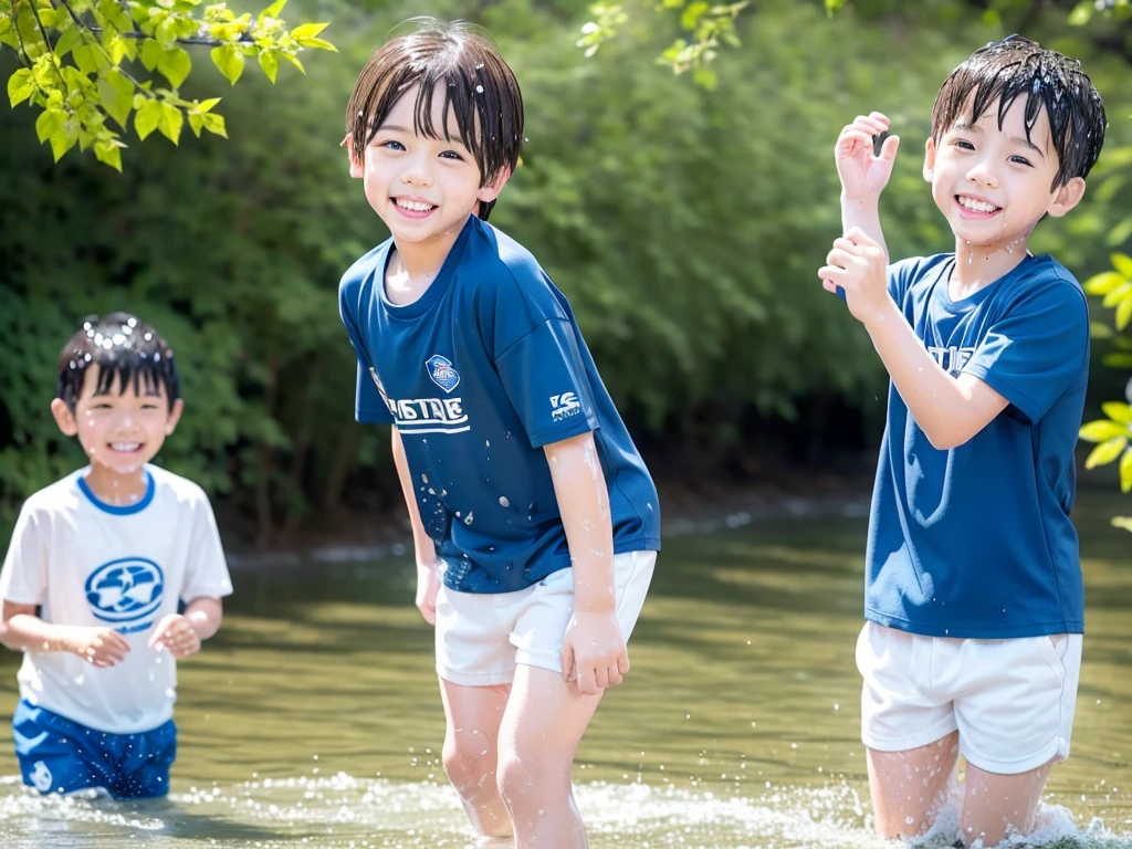 In the forest、 in the countryside、Swimming in the river、Bathing in water、水でGet wet all over、Cute eletary boy、Boy in gym clothes、The bottom of the white T-shirt is blue、Blue shorts、The boys are playing、Get wet all over、The laughter of boys can be heard from afar、Splashing Water、Japanese、(Boy 1.4)、high resolution、Highest quality