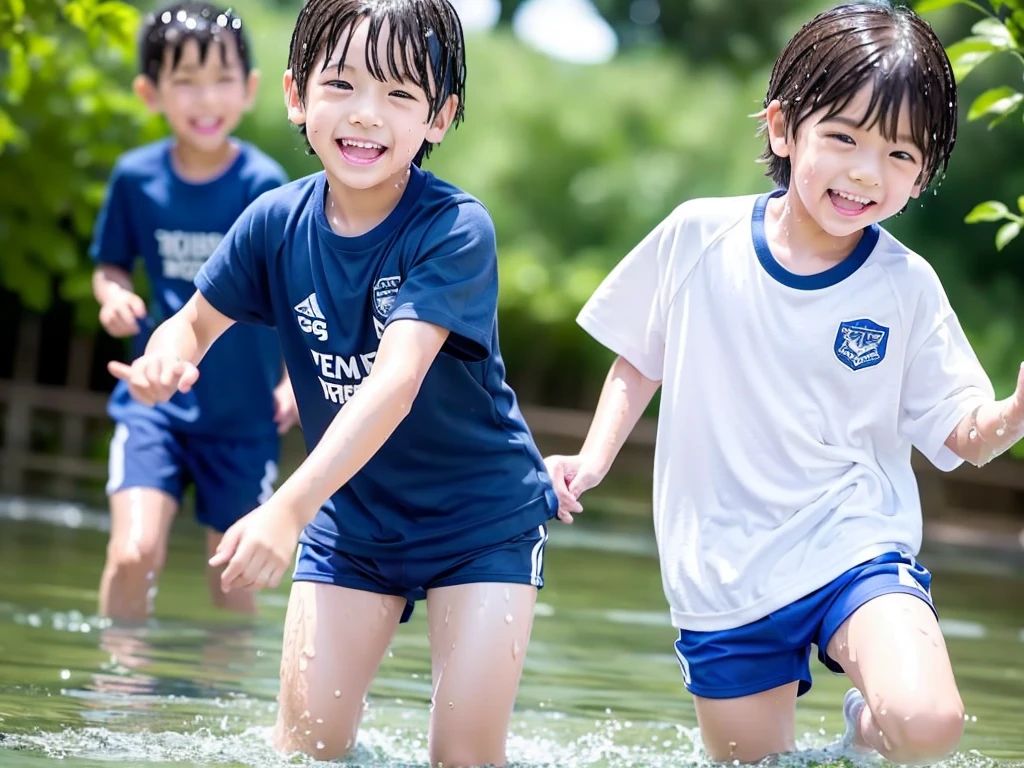 In the forest、Children in the countryside、Swimming in the river、Bathing in water、水でGet wet all over、Cute elementary school boy、１０Year old boy、Boy in gym clothes、The bottom of the white T-shirt is blue、Blue shorts、The boys are playing、Get wet all over、The laughter of boys can be heard from afar、Splashing Water、Japanese、（Boy 1.4）、high resolution、Highest quality
