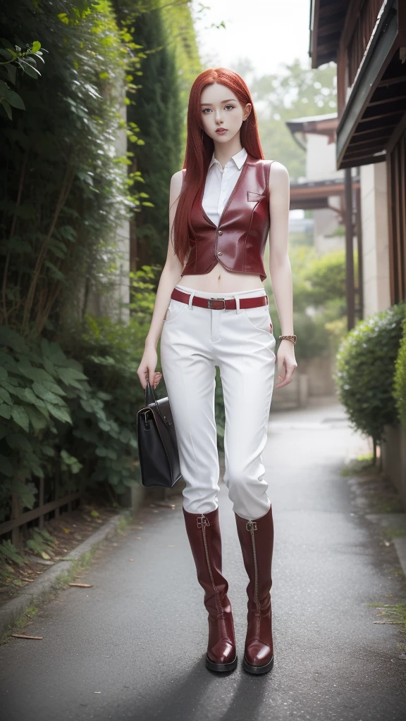 A girl 17 years with long cherry-red hair, white porcelain skin, slender figure, thin waist, slender legs. Fantasy world. Fantasy clothing consisting of a shirt, trousers, vest and leather boots. From head to toe.