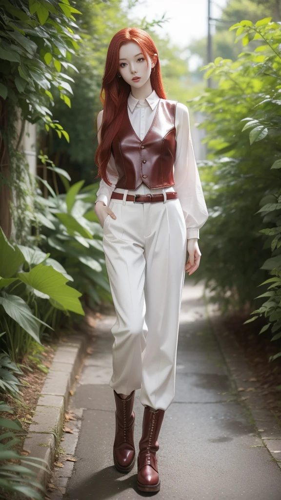 A girl 17 years with long cherry-red hair, white porcelain skin, slender figure, thin waist, slender legs. Fantasy world. Fantasy clothing consisting of a shirt, trousers, vest and leather boots. From head to toe.