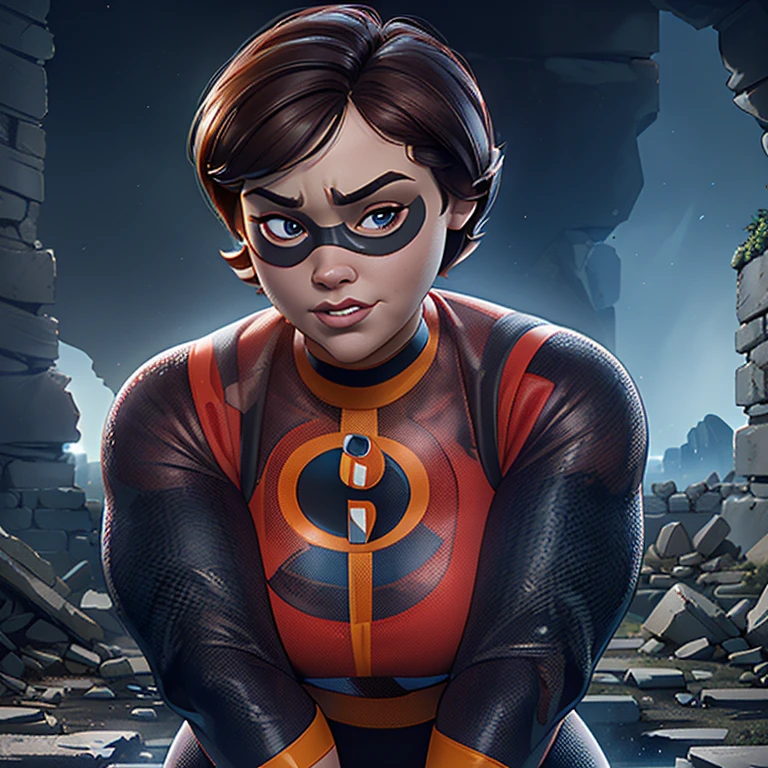 (The best quality,A high resolution,Ultra - detailed,actual),Helen Parr, 1 fat girl, body plus, red and black body suit ,(domino mask), Short brown hair, ,(Ruined dungeon ruins background:1.4 ), (Face details: 1.5, bright blue eyes, beautiful face, pretty eyes, Iris contour, thin lips: 1.5, Thin, sharp pale eyebrows, Long, dark eyelashes, double tabs),(Helen Parr :1.4),( Helen Parr V2.1), (dynamic pose), (The Incredibles), (not mutations), (cavern background big stones:1.4),(Ruined dungeon ruins background:1.4 ),( bright colors), (masterpiece: 1.4), (8k, realist, raw photo, The best quality: 1.4),