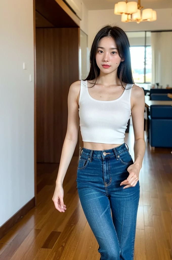 (Highest quality, 4K, masterpiece, Ultra-high resolution, Genuine: 1.2), (Indoor lighting: 1.3), Natural Shadows, One girl, alone, 18-year-old, A short black tank top that shows off your belly button、Distressed jeans, (Fair skin: 1.3), Skin Details, Tall and slim beauty goddess, stunning elegant posture, long and elegant, Narrow waist, elegant, so beautiful, blue sky, White cloud, Beach,Regular size pasta