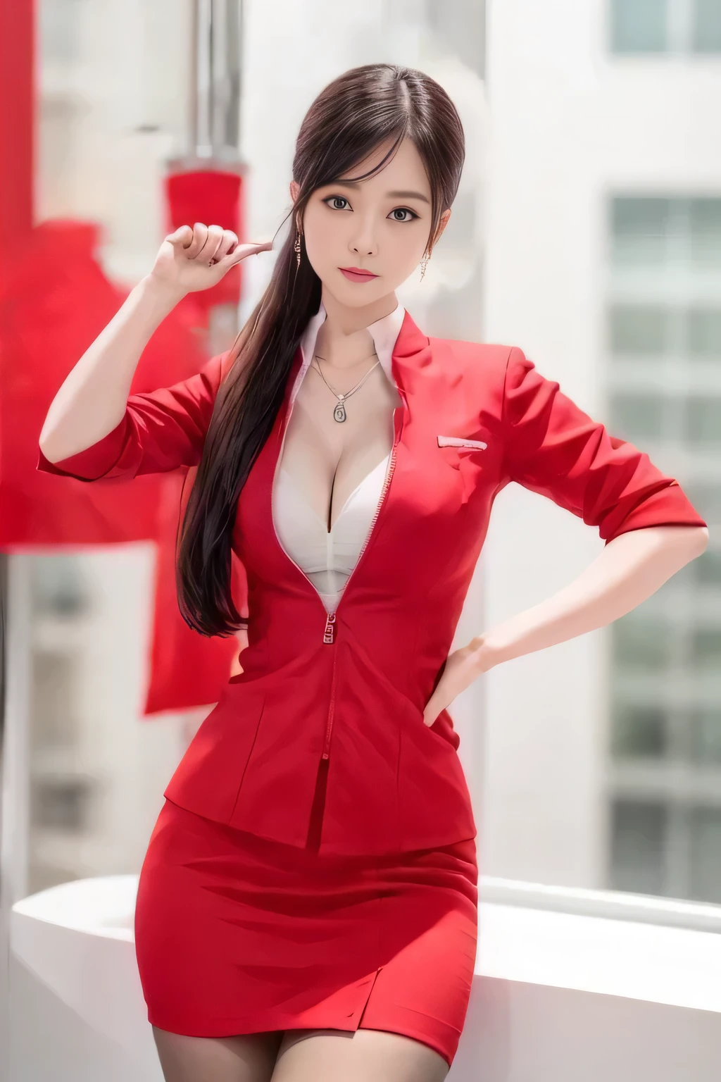 (masterpiece:1.2, Highest quality:1.2), 32k HDR, High resolution, (alone, 1 Girl), （AirAsia stewardess uniform realistic style）, A proper woman, Beautiful Face, Brown Hair, (Long hair down to the legs), (Red jacket:1.1, Unzipped jacket, Unbuttoned white shirt:1.05, Red mini skirt:1.1, pantyhose),（Showing big  through cleavage in unbuttoned white shirt）、（long hair that reaches down to the legs）、Perfect slim body:1.1, Huge breasts, huge breasts cleavage, Detailed skin texture, Beautiful Eyes, (Attractive look:1.2), necklace、Earrings、(forward leaning posture:1.5）, On the roof of a building, Rooftop at daytime,Blue eyes、Hands should be lowered