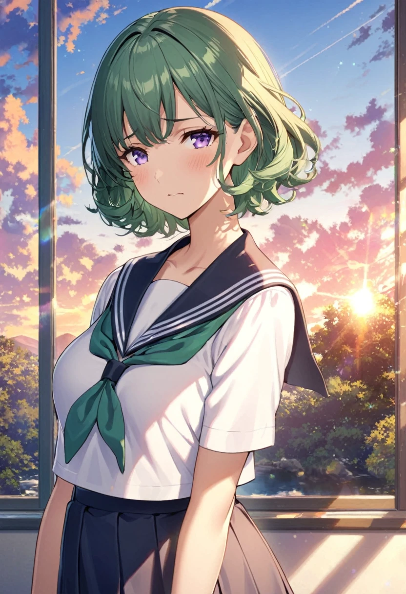 1 girl, Calm expression, Captivating eyes, short hair, Sailor uniform, calm posture, Porcelain-like skin, A faint blush, Golden Hour, (Rim Light):1.2, Warm tones, Solar flare, Soft Shadows, Vibrant colors, Dream-like atmosphere in the classroom , reflection, Sunlit clouds, Peaceful atmosphere, Beautiful sunset, Very detailed, Official Art, unity 8k wallpaper , Tangled, Mandala Green Hair、Purple Eyes、Slanted Eyes、Curly hair、Serious face