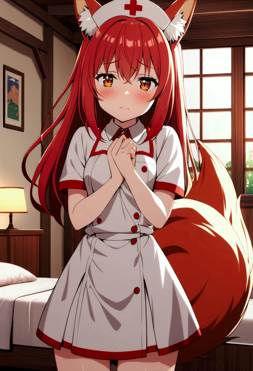 1girl with long red hair, amber eyes, fox ears, fox tail, nurse uniform,small breasts, blush shy face, bedroom, indoors, fantasy world house