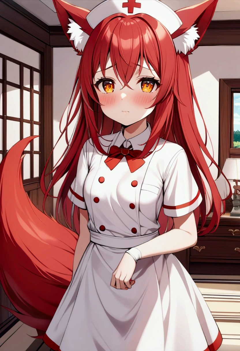 1girl with long red hair, amber eyes, fox ears, fox tail, nurse uniform,small breasts, blush shy face, bedroom, indoors, fantasy world house