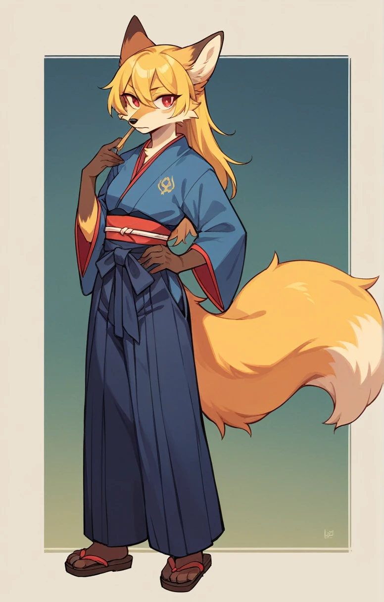 (full body,,The left hand is on the hip),((The right hand is out in front,Fluffy tail,,)),small breasts,Adult female fox,One Girl, Furry, Golden fur, Golden facial fur, long golden hair, The hair on his hands is golden, Golden yellow hair on the back of the hand, Light-filled eyes, Red eyes, Brown elements of fur,(Dark blue kimono,Dark blue hakama),Very fine fur, Fluffy tail,The corners of the mouth are turned up
