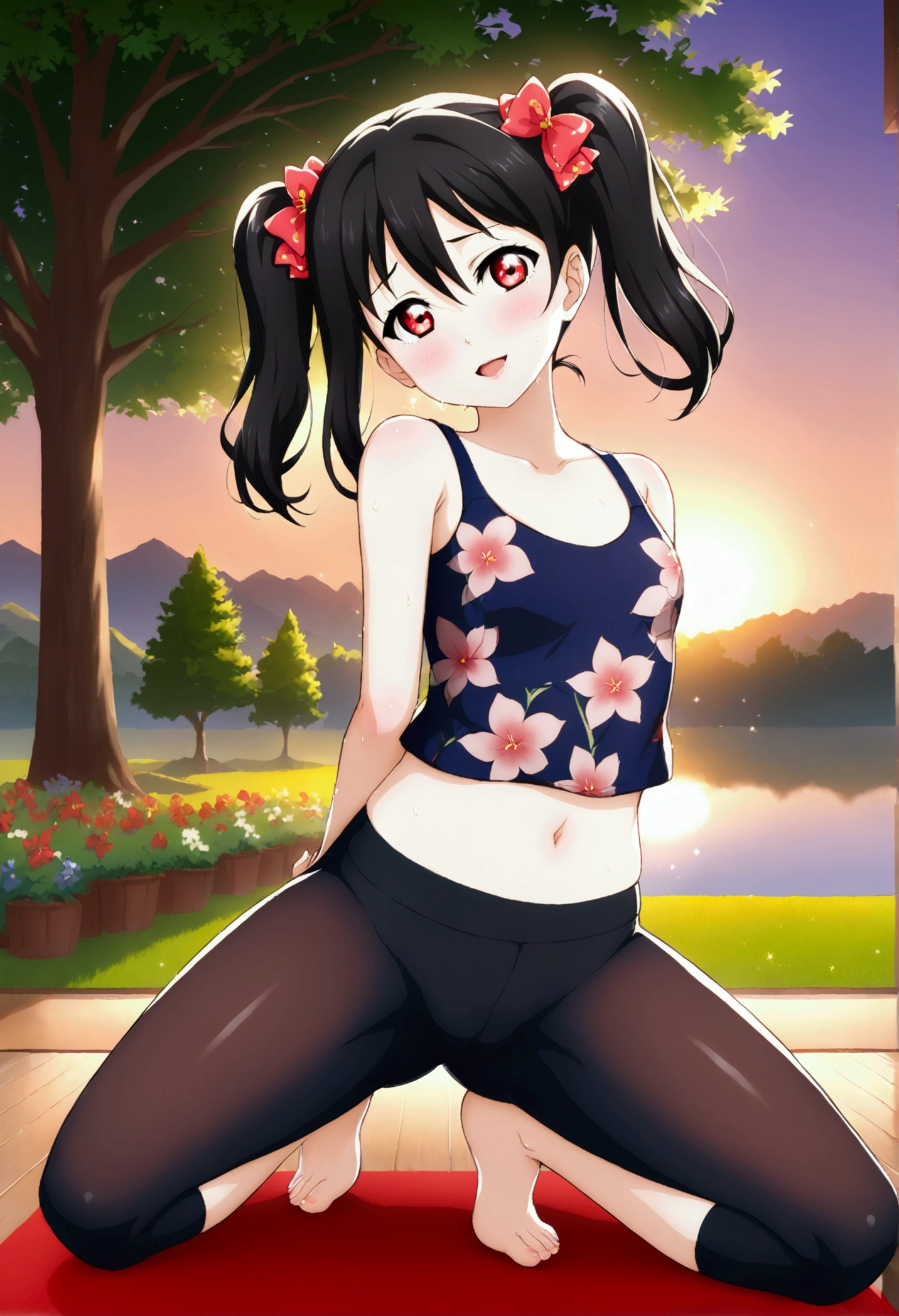 masterpiece, best quality,yazawa nico, black hair, twintails, red eyes, volumetric lighting, illustration, beautiful, tight , Blushing, breasts, looking at viewer, flowers printed tank top, yoga pants,solo, curvy body,floral print, spread legs, seductive smile, (arms behind back, head tilt:1.1),(breathtaking scenery:1.1), tree, blushing full body shot, sweating, moaning