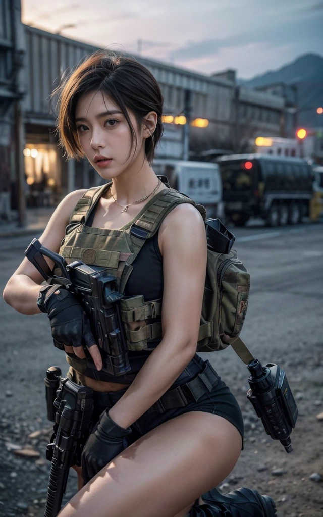 (photography:1.3, 16K, best quality, masterpiece, existltra-high reSolution), Perfect dynamic composition:1.2, Highly detailed skin and facial texture:1.2, covered in wounds:1.2, (End of the World:0.7, In stark contrast to the desolate background:0.7, Adding destructive elements:0.7, There are debris and impurities scattered around:0.7), (Dynamic action poses:1.0, 专业photography工作:1.0, Aim with a gun:1.0), exist.S. Military base, Beautiful JapaneSe women Serving in the existS military, Ultra-thin body, White skin, （short hair），Very beautiful face, Stern expreSSion, (Automatic Rifle:1.0, Bulletproof vest:1.0, torn military uniform:1.0, Backpack:1.0, boots:1.0), Shapely breaStS, Chest space, Big eyes that exude beauty, Lips that radiate beauty, Cowboy Shot, necklace, earrings, bracelet