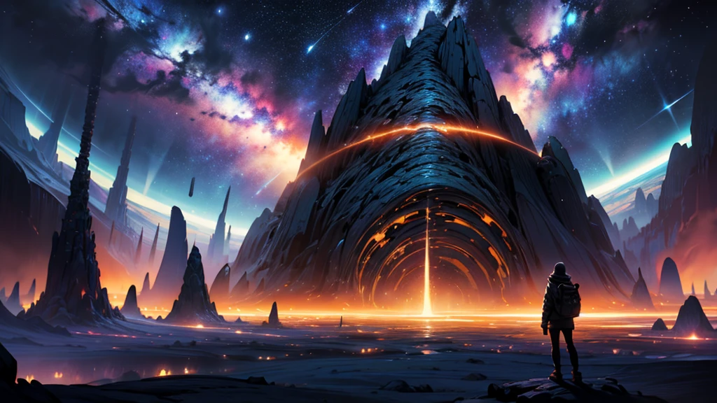 a mystical night sky with multiple black holes, people gazing up in awe, surreal and otherworldly atmosphere, dramatic lighting, cinematic composition, hyper detailed, oil painting, vibrant colors, chiaroscuro, dramatic shadows, intricate celestial details, sense of scale and immensity, photorealistic, 8k, best quality