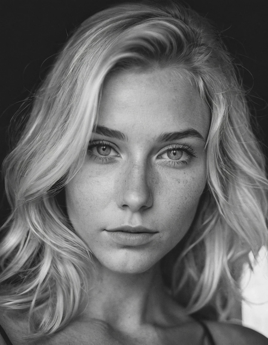 b&w, instagram photo, portrait photo of 26 y.o blonde woman, perfect detailed eyes, natural skin, hard shadows, film grain