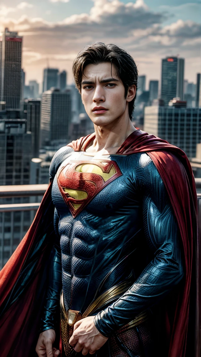 (Highest quality, Ultra HD, 16k, Masterpiece) Mahesh Babu, as Superman, stands resolutely atop a gleaming skyscraper in Metropolis, his powerful figure bathed in the warm morning light. The scene is a close-up shot, capturing the heroic determination in his eyes and the iconic details of his Superman suit. Mahesh Babu's chiseled features and confident expression are clearly visible as he gazes out over the bustling city. His eyes reflect a mixture of resolve and hope, embodying the strength and compassion of Superman. He is dressed in the classic Superman suit, a vibrant blue with the iconic red and yellow "S" shield emblazoned on his chest. The suit is form-fitting and streamlined, highlighting his muscular physique. The red cape drapes elegantly from his shoulders, catching the morning breeze and adding to his majestic presence. In the background, the sprawling, futuristic expanse of Metropolis stretches out beneath him. The city's skyline is a blend of modern skyscrapers and advanced architecture, bathed in the golden hues of the rising sun. The streets below are alive with activity, the people of Metropolis going about their day, unaware of their guardian above. The morning sky is clear, with the sun casting a warm, golden light that illuminates Superman's figure. The interplay of light and shadow emphasizes the textures of his suit and the contours of his face, highlighting his determined expression and the hope he brings to the city. The overall scene captures the essence of Superman’s vigilant watch over Metropolis, with Mahesh Babu's powerful portrayal bringing a unique blend of strength, nobility, and charisma to the iconic role. This composition portrays a world where hope and heroism shine brightly, with Superman standing as the unwavering protector of the city.