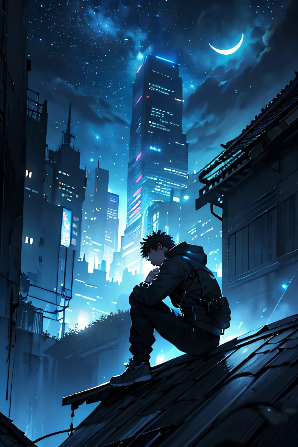 A boy sitting on a rooftop at night, looking at the city lights, starry sky, half moon in the background, detailed digital painting, cinematic, atmospheric lighting, rooftop setting, 4k, realistic, photorealistic, hyper detailed, dramatic lighting, moody, intricate details, volumetric lighting, mesmerizing, awe-inspiring, stunning, breathtaking