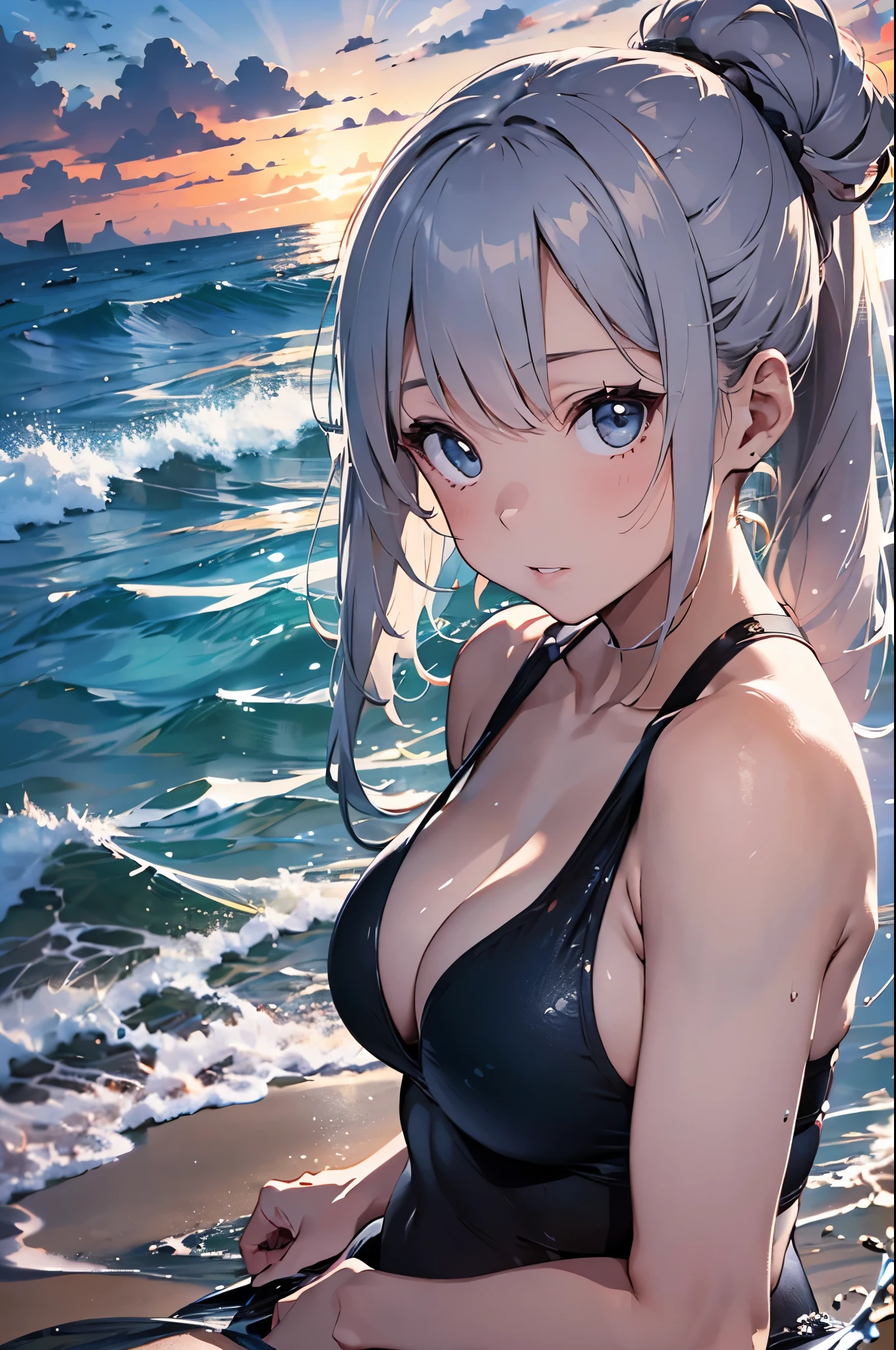 High resolution,
One beautiful young woman,Silver Hair、ponytail、
(Soft Saturation:1.3), (Fair skin:1.2),
(ultra-Detailed Background, Detailed Background), Bokeh,
break'Portrait of a smiling girl.,
When viewed from the front, The composition is symmetrical,
Looking straight at you with serious eyes,
break Swimwear、Center of chest,
Outdoor, Sea surface, null, sunlight,Summer beach, Sandy Beach,
Strong light, Front lighting,
(:1.3), (Cowboy Shot:1.2),
Front brake angle,
View your audience,
Dynamic pose,
sitting on the beach
Seaweed、Seaweed、Seaweed、Seaweed、Seaweed、Seaweed、Seaweed、