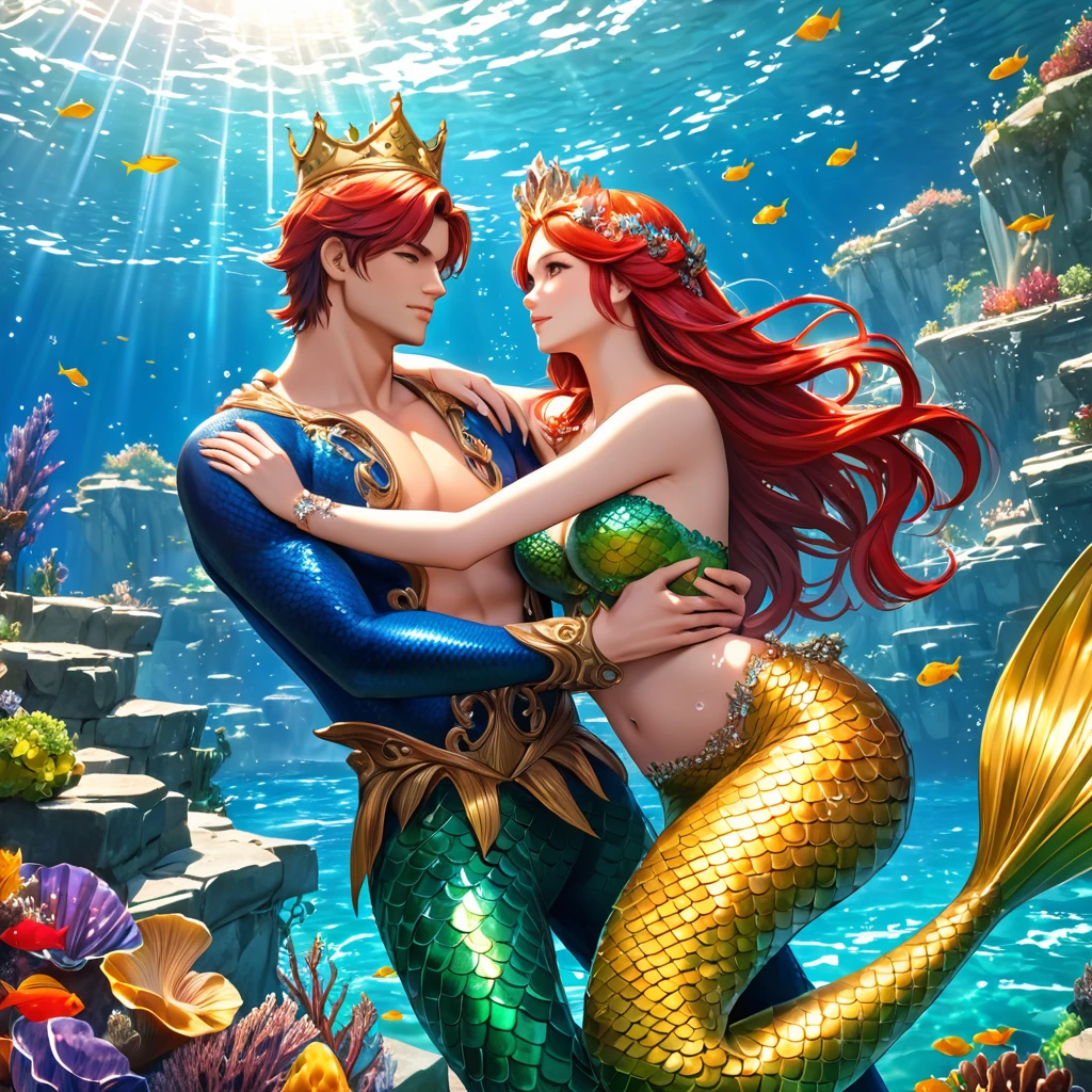 cute 20 year old mermaid queen with red hair wearing a yellow mermaid bra and a crown, she is being held in the arms of her strong and handsome merman king husband with blue hair and a crown in the ocean inside the water, sun is shining, beautiful mermaid, beautiful detailed human face, alluring eyes, elaborated mermaid tail, serene, masterpiece, full body shot, highres, high resolution, high quality, intricate details, extremely detailed, incredible details, full colored, complex details, insanely detailed and intricate, extremely detailed with rich colors. masterpiece, best quality, HDR, UHD, unreal engine, High quality, gorgeous, glamorous, 8k, super detail, gorgeous light and shadow, detailed decoration, detailed lines, glittery, fantasy, pretty colors, anime style, couple picture
