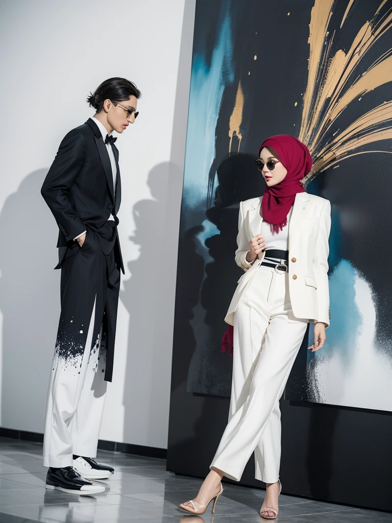 A captivating watercolor featuring a fashionably dressed man with an air of sophistication together with his stunningly, hijab, beautiful female partner. He dons a casual yet elegant outfit, consisting of a tailored suit, a stylish hat, and a pair of sunglasses. She is dressed on white pants and elegant jacket with high heals. The background is a mesmerizing blend of ink splashes, creating a modern and artistic atmosphere. The playful ink splatters intermingle with the painting's splendor, showcasing a harmonious balance between style and creativity. The couples confident pose and the artist's skillful brushwork come together to create an image of unrivaled elegance and refinement., illustration, fashion, painting, photo