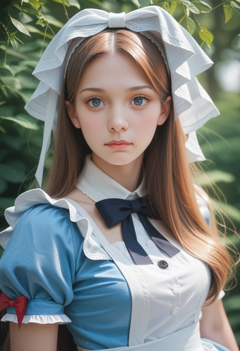 1 Girl, masterpiece, best quality, 8K, Delicate skin texture, Detailed fabric texture, Beautiful and delicate face, Intricate details, Extremely detailed, Alice in Wonderland, (The bow on her head:1.1), Upper Body