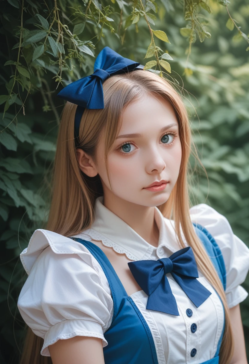 1 Girl, masterpiece, best quality, 8K, Delicate skin texture, Detailed fabric texture, Beautiful and delicate face, Intricate details, Extremely detailed, Alice in Wonderland, (The bow on her head:1.1), Upper Body