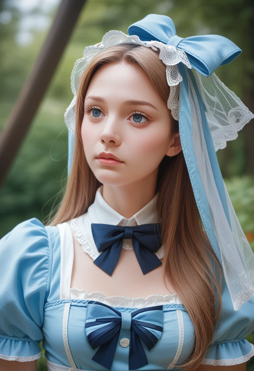 1 Girl, masterpiece, best quality, 8K, Delicate skin texture, Detailed fabric texture, Beautiful and delicate face, Intricate details, Extremely detailed, Alice in Wonderland, (The bow on her head:1.1), Upper Body