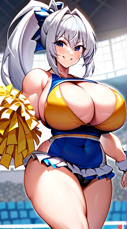 Cheerleader,Big Breasts,Super Breasts,Silver Hair,Long Ponytail,Muscle girl,smile