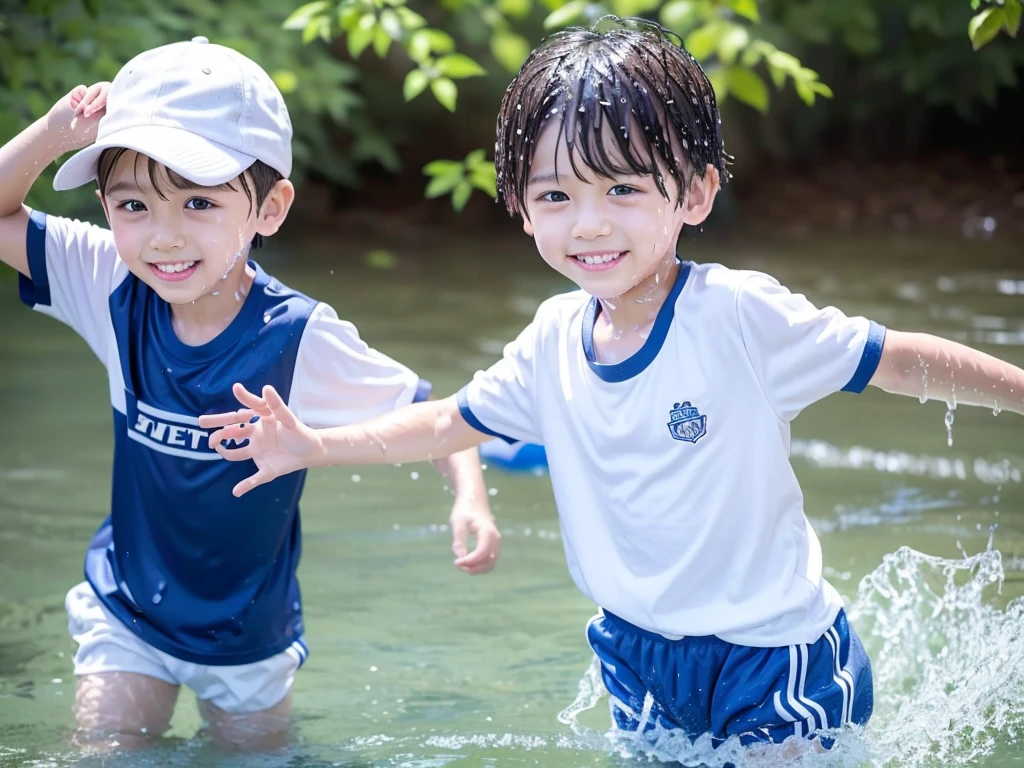 In the forest、 in the countryside、Swimming in the river、Bathing in water、水でGet wet all over、Cute eletary  boy、Boy in gym clothes、The bottom of the white T-shirt is blue、Blue shorts、The boys are playing、Get wet all over、The laughter of boys can be heard from afar、Splashing Water、Japanese、（Boy 1.4）、high resolution、Highest quality