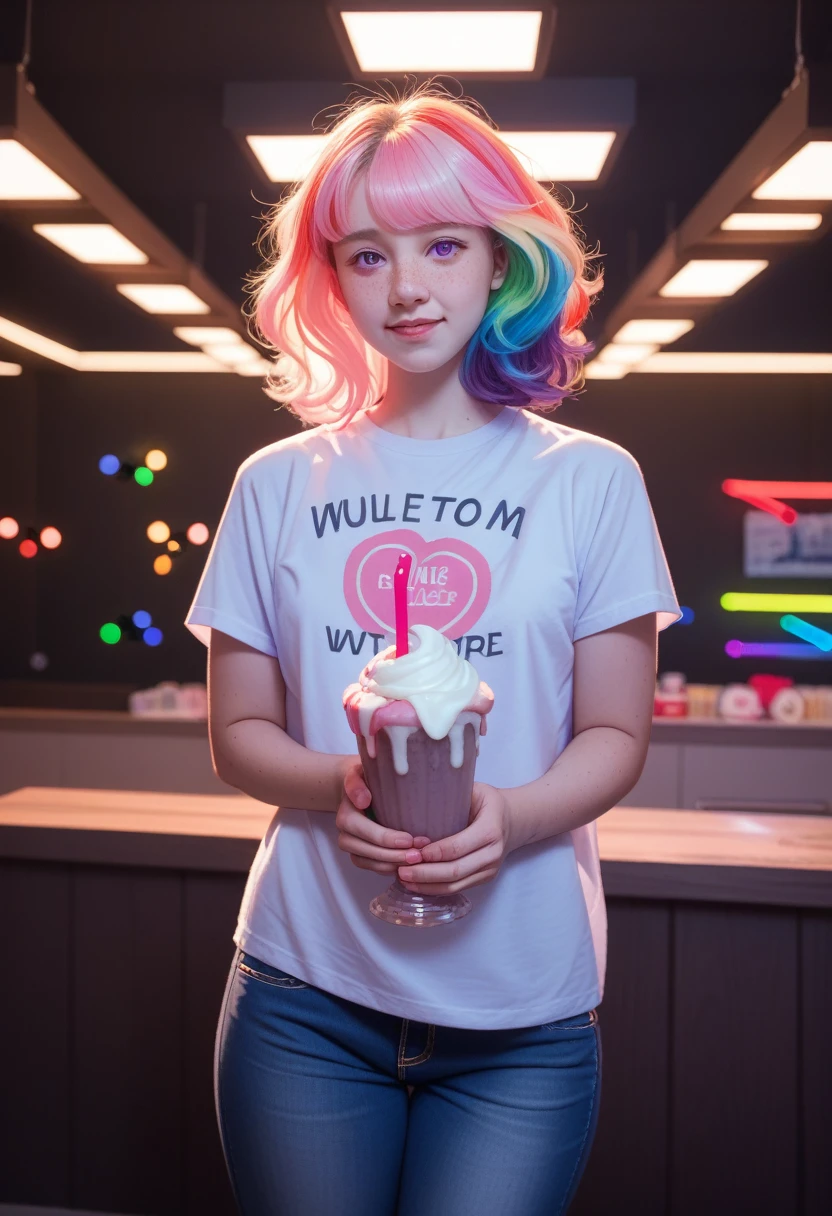Animal tumor 1,(masterpiece, Best Illustration, Best comics), Solitary, 1 Girl, Violet eyes, (Glowing skin, Soft hair), (Holding a milkshake), freckle, (Bright pink bi-tone hair:1.3), (Wearing a Led Zeppelin T-shirt, jeans), (Extreme Light and Shadow, Volumetric Lighting, Edge lighting), (sunlight:.5), (Rainbow Lights, Light Leakage), (Tempting, giggle), (Solitary), mangadusk1, Cartoon 1